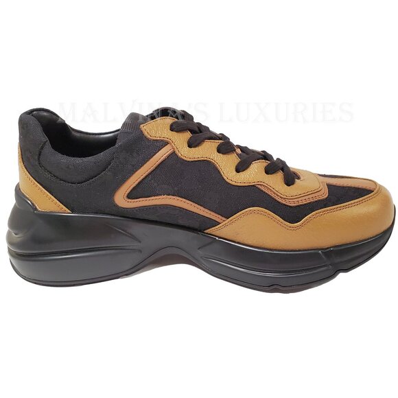 GUCCI SNEAKERS MENS RHYTON BLACK GG SUPREME BROWN LEATHER SHOES sz 8 8.5 - Picture 8 of 16